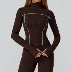Contrast Color Brushed Yoga Coat Zipper Windproof Slim Jacket Outdoor Sports Running Fitness Clothes Women