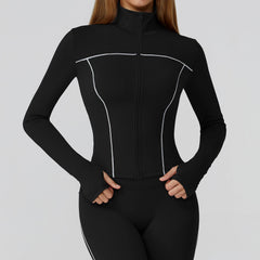 Contrast Color Brushed Yoga Coat Zipper Windproof Slim Jacket Outdoor Sports Running Fitness Clothes Women