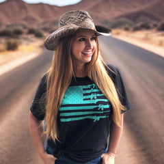 Teal Tactical Gun Flag Women's Patriotic 2A T-Shirt