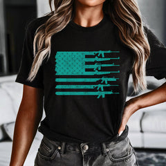 Teal Tactical Gun Flag Women's Patriotic 2A T-Shirt